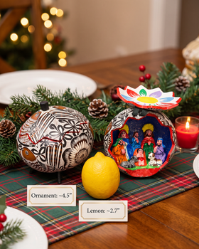 Natural Carved Gourd and Features Miniature Clay Nativity Scene Inside