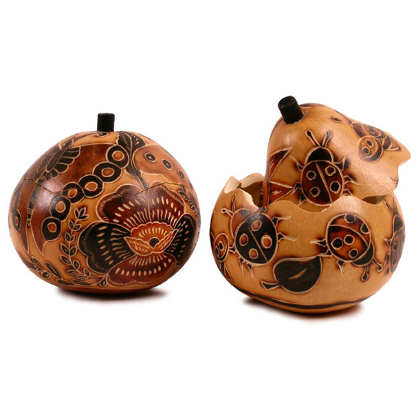 Gourd Carved Box Natural Colors with Nature Carved and Burnt Designs