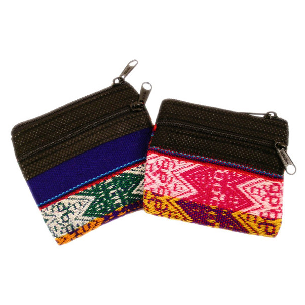 Manta Coin Purse, double zippered Cotton Bright Color Fabric Lined Change Pouch - Sanyork Fair Trade
