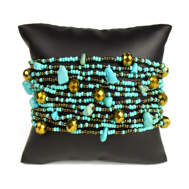 Turquoise and Bronze Bracelet Twelve Strand Crystals and Beads Magnetic Clasp
