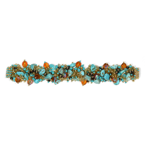 Double Magnetic Clasp Glass Turquoise and Gold 1" Wide Bracelet Hand Strung