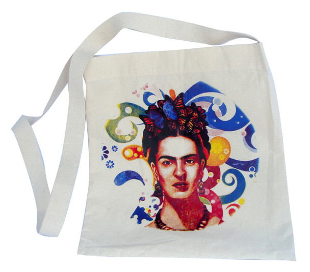 Frida Kahlo Butterflies and Floral Swirls Canvas Tote 14" x 16" with 30" Handle Strap