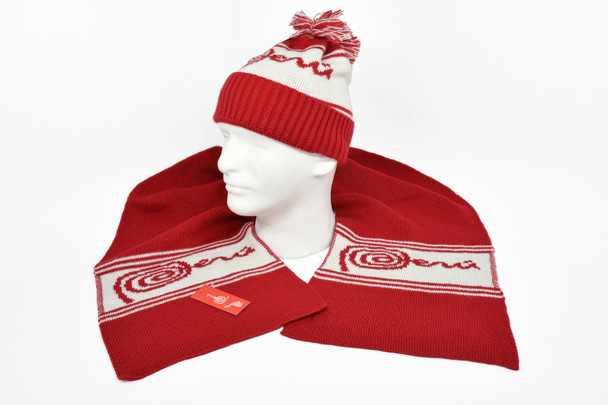 Baby Alpaca Scarf and Beanie Set Red and White Peru Logo 12" x 72" Unisex Superfine