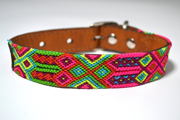 Leather and Macramé Dog Collar Artisan Made Mexico Geometric Handwoven Designs