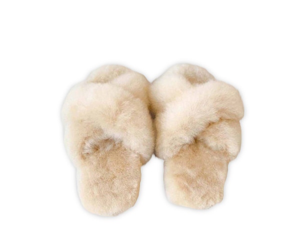 Criss Cross Top Alpaca Beige Fur Slippers  Size M and L