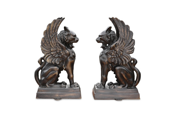 Matching Feline Griffins Aluminum Bronze Finish Sculptures