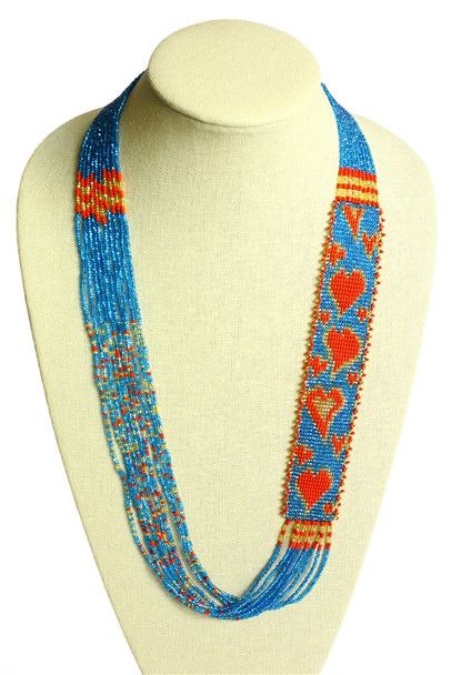 Light Blue Heart Necklace Beaded Multi Strand Hand Made Glass Beads Artisan Jewerly