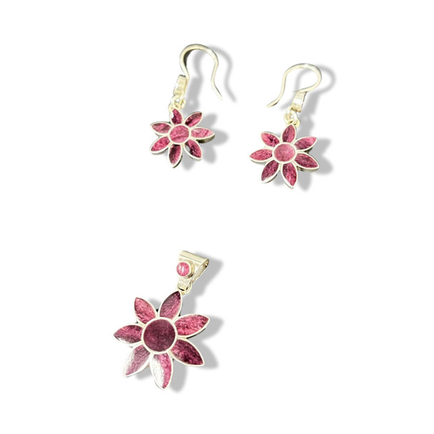 Sterling Silver Inlaid Pendant Earrings Set flowers desing  