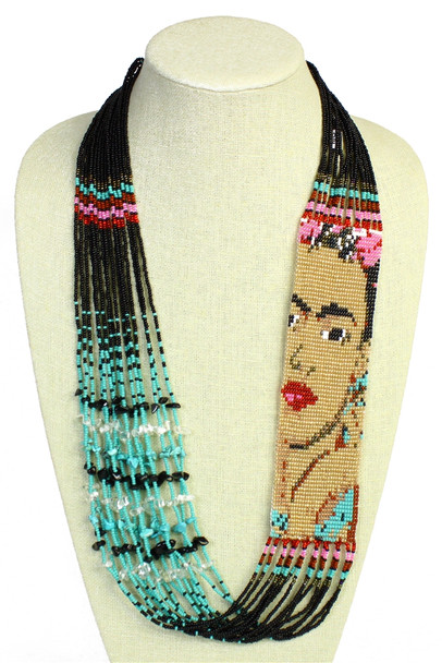 Frida Kahlo Necklace with Tan Skin Turquoise and Black Glass Beads