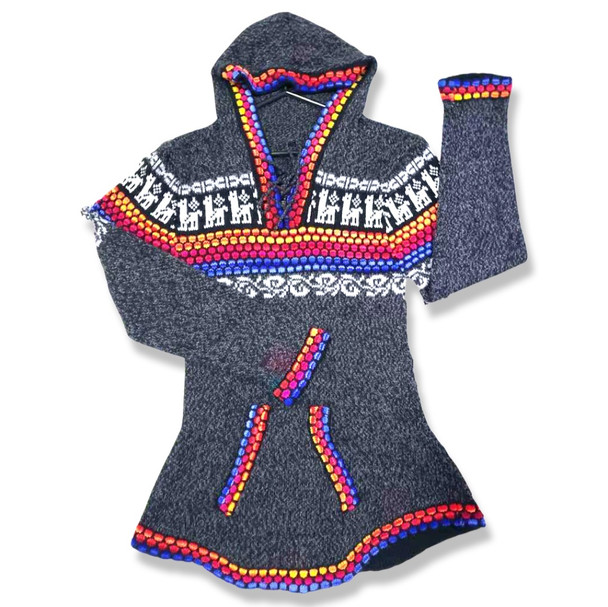 Knit Alpaca Blend Sweater Hoodie with Llama Designs and Collar Drawstring MD, LG, XL