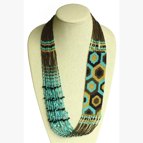 Dotty Story Turquoise and Gold Necklace Woven Bead Crystals