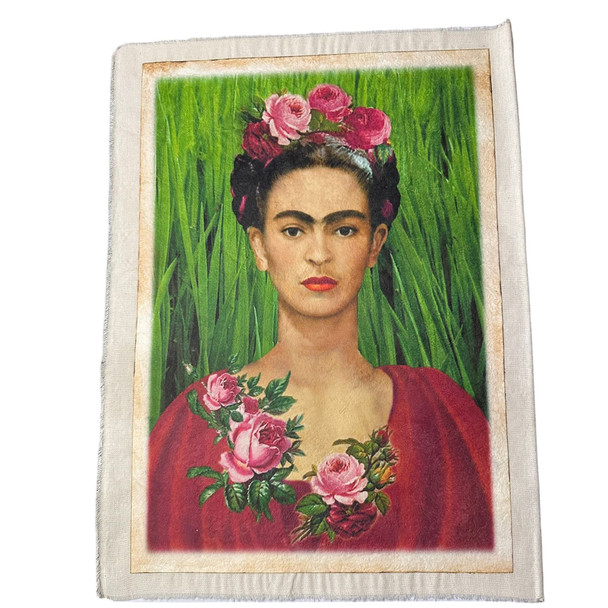 Frida with Roses Headband Self Portrait 12 x 16 Silk Screen on Bark Paper