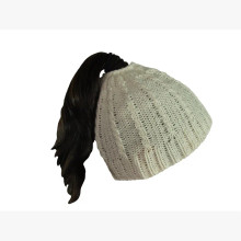 Women's Leopard Knit Ponytail Hat - BeanieTail Skull Cap With Fur Pom, One Size Fits Most (Black)
