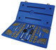 Includes: (6) Machine Screw Plug Taps and 5/8 inch Hex Dies:4-40 NC, 6-32 NC, 8-32 NC, 10-24 NC, 10-32 NF, 12-24 NC <li>(10) Fractional Plug Taps and 1 inch Hex Dies:1/4-20 NC, 1/4-28 NF, 5/16-18 NC, 5/16-24 NF, 3/8-16 NC, 3/8-24 NF, 7/16-14 NC, 7/16-20 NF, 1/2-13 NC, 1/2-20 NF </li><li>(6) Metric Plug Taps and 5/8 inch Hex Dies:3mm-0.50, 4mm-0.70, 4mm-0.75, 5mm-0.80, 5mm-0.90, 6mm-1.00 </li><li>(10) Metric Plug Taps and 1 inch Hex Dies:7mm-1.00, 8mm-1.00, 8mm-1.25, 9mm-1.00, 9mm-1.25, 10mm-1.25, 10mm-1.50, 11mm-1.50, 12mm-1.50, 12mm-1.75 </li><li>(2) Pipe Thread Plug Taps and 1 inch Hex Dies:1/8-27 NPT, 1/8-28 BSP </li><li>(1 each) of the following: Adjustable Die Stock: 1 inchDies </li><li>Plain Die Stock: 5/8 inch Dies ,li>Adjustable Handle Tap Wrench: Taps No. 0 to 1/2</li><li>Two-In-One Tap Wrench: Taps 1/4 to 1/2 inch</li><li>T-Handle Tap Wrench: Taps No. 0 to 1/4 Metric Thread Pitch Gauge </li><li>Fractional Thread Pitch Gauge  </li>