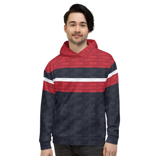 Classic navy blue, white & red rugby stripe hoodie — updated with abstract base pattern (front view)