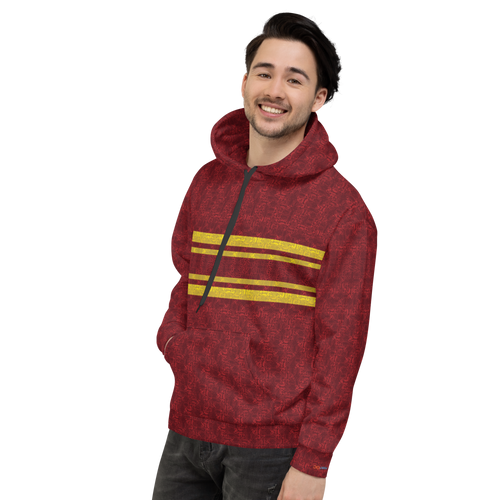 Dark red & gold, classic rugby stripe hoodie — updated with abstract base pattern (side view)