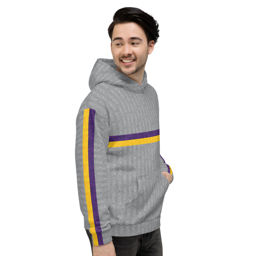 Purple & gold stripes on classic gray hoodie  — updated with abstract base pattern (side view)