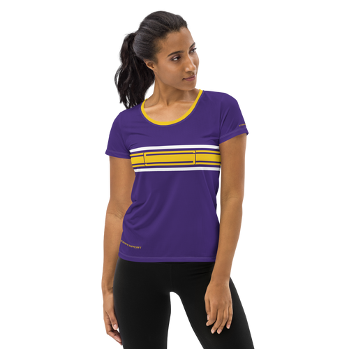 Woman in a purple athletic t-shirt featuring yellow gold and white stripes (front view)
