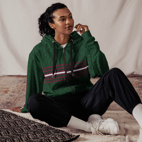 MultiMidStripe unisex Zip Hoodie with Tech:7v pattern — Dark Green / Maroon / White