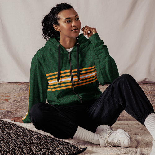 MultiMidStripe unisex Zip Hoodie with Tech:7v pattern — Dark Green / Light Orange / White