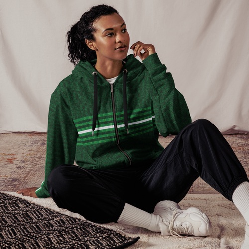 MultiMidStripe unisex Zip Hoodie with Tech:7v pattern — Dark Green / Green / White