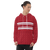 Classic red & white rugby, stripe hoodie — updated with abstract base pattern (front view)