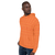 Classic solid orange hoodie — updated with abstract base pattern (side view)
