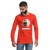 Old school football helmet in white & blue on poppy (red-orange) long sleeve shirt