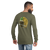 Old school football helmet in gold, dark green, and white on military green long sleeve shirt (back view)