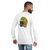 Old school football helmet in gold & green on white long sleeve shirt (back view)