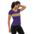 Woman in a purple athletic t-shirt featuring gold and white stripes (rear view)