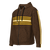 Front view of a brown zip-up hoodie with multiple gold and white stripes on chest & sleeves