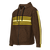 Front view of a brown zip-up hoodie with multiple yellow and white stripes on chest & sleeves