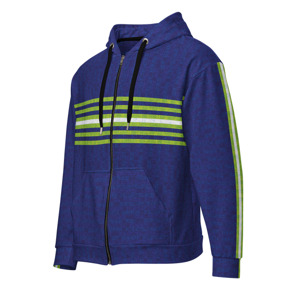 Front view of a blue zip-up hoodie with multiple lime green and white stripes on chest & sleeves