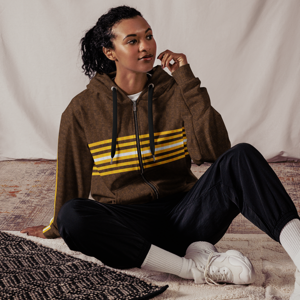 MultiMidStripe unisex Zip Hoodie with Tech:7v pattern — Brown / Gold / White