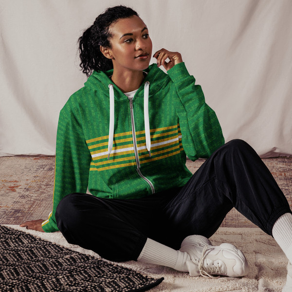 MultiMidStripe unisex Zip Hoodie with Tech:7v pattern — Green / Gold Medal / White
