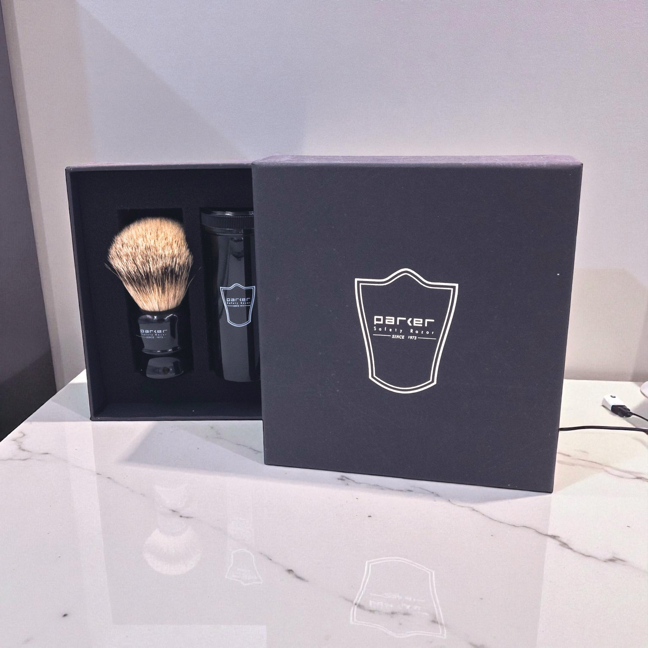 Parker 100% Silvertip Badger Travel Black Shave Brush with Container
