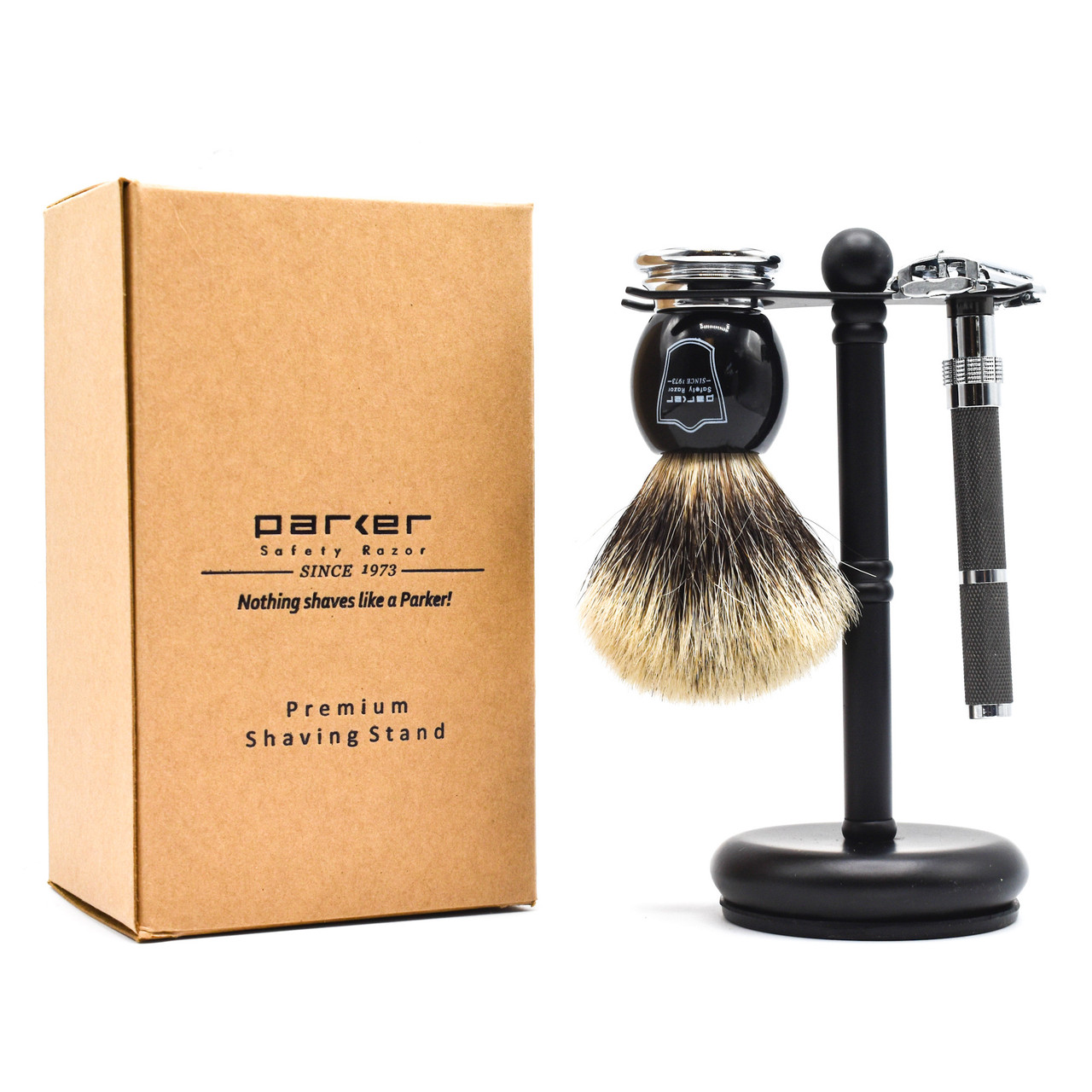 Deluxe Black 2 Prong Safety Razor and Shave Brush Shaving Stand