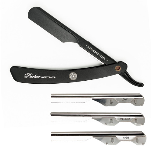 Parker's PTABK Push Type Adjustable barber razor comes with three different inserts with variable blade exposures. 