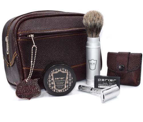 Parker Travel Shave Kit - Includes Parker Safety Razor's Dopp Bag, Travel Safety Razor, Travel Shave Brush and Travel Shave Soap