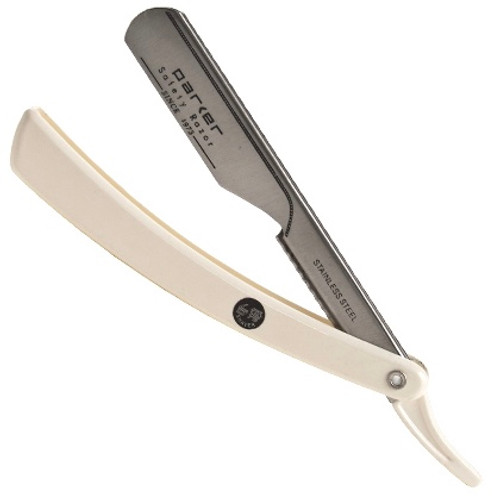 Parker PTW Push Type White Handle Straight Barber Razor 