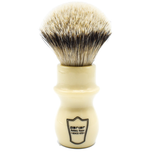 Parker White Long Handle Silvertip Badger Shave Brush standing