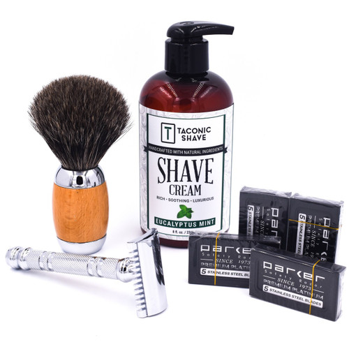 Parker & Taconic 24C Starter Kit w/ Safety Razor, Shave Brush, Shave Cream & Blades