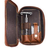 Safety Razor Gift Set - Parker 22R, Blades & Genuine Leather Double Edge Zippered Case