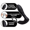 Feature view of the dual-motor prostate vibrator showing 7 patterns and 4 speeds, a stretchy 1.4-inch cock ring, and a textured silicone surface