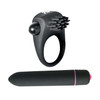 Black silicone vibrating cock ring with textured clitoral nubs and power button