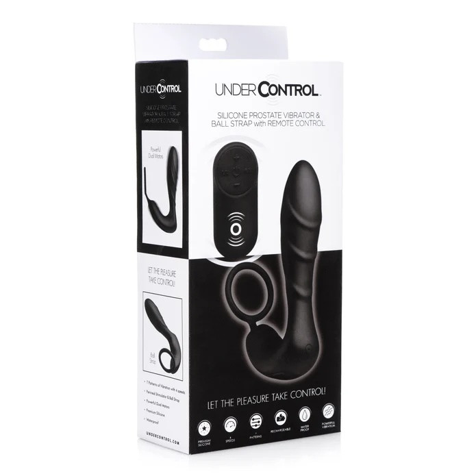 Official XR Brands Under Control packaging showing the vibrator, cock ring strap, remote, and feature icons.
