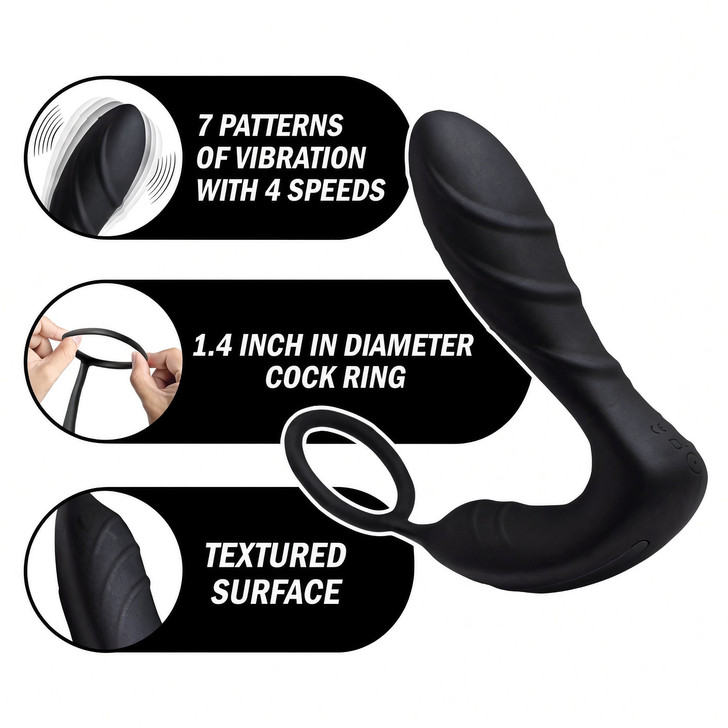 Feature view of the dual-motor prostate vibrator showing 7 patterns and 4 speeds, a stretchy 1.4-inch cock ring, and a textured silicone surface