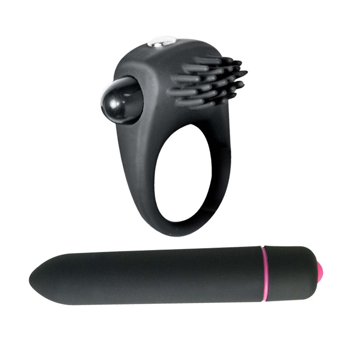 Black silicone vibrating cock ring with textured clitoral nubs and power button