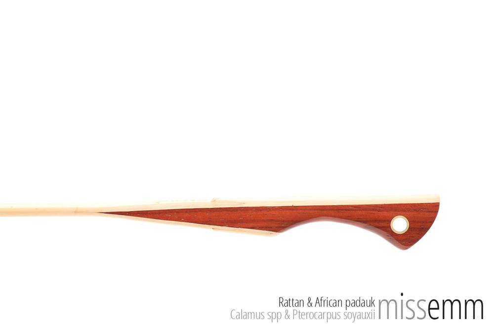 Unique fetish toys | BDSM discipline cane | by Australian kink artisan Miss Emm | This thin and whippy cane is made from rattan with an African padauk handle and brass details. Perfect for Mistresses, Masters, Dommes, Doms, Tops, bottoms, subs, slaves, and all lovers of impact play.